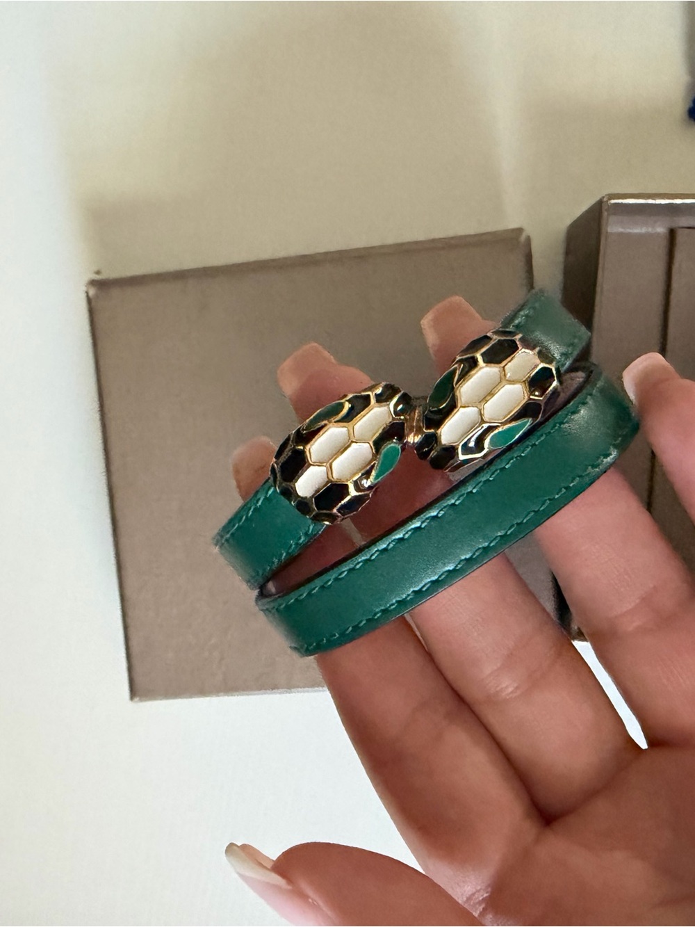 Bvlgari Green Leather Double Wrap Bracelet with Gold & White Snake Head Accents